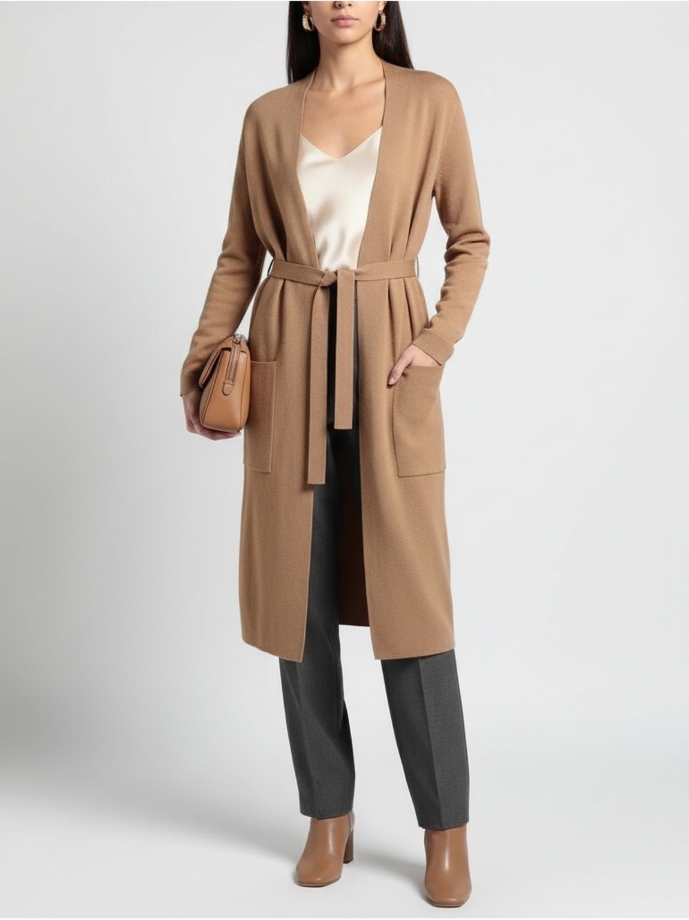 Aritzia THE BABATON Long Tan Belted Knit Cardigan